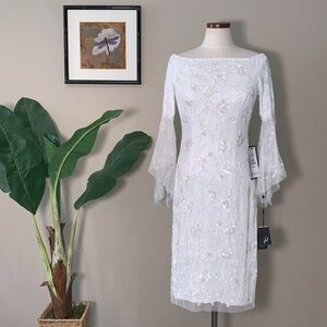 NWT Adrianna Papell Off The Shoulder Bell Sleeve Beaded Dress, Ivory, Size 4